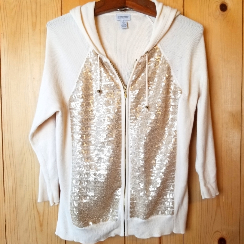 Zenergy by Chico's Cotton Blend Cream/Gold Sequin Zip Up Hooded Sweater